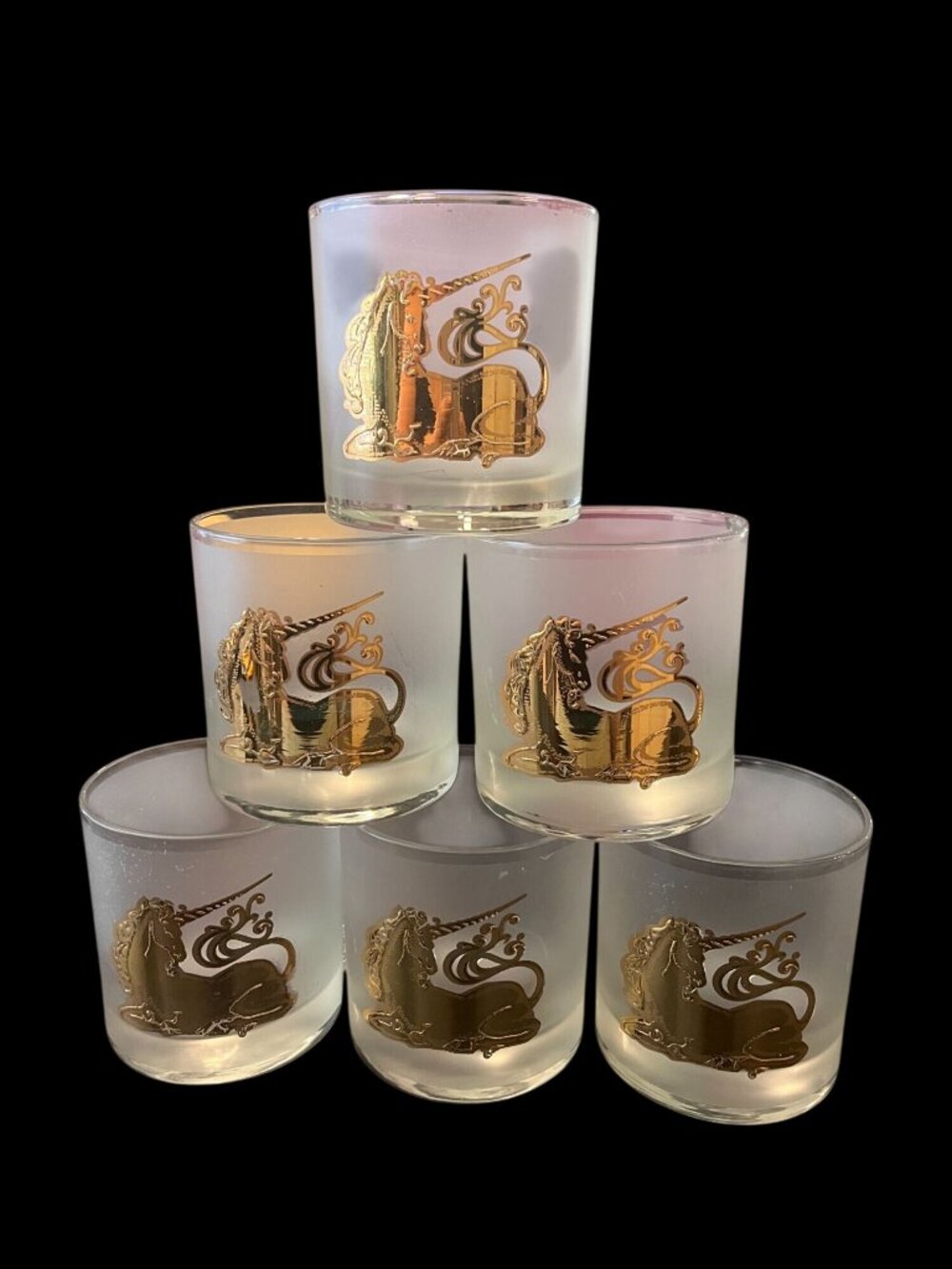 Vintage MCM Culver Gold Unicorn Frosted Tumbler Barware Glasses Set of 6